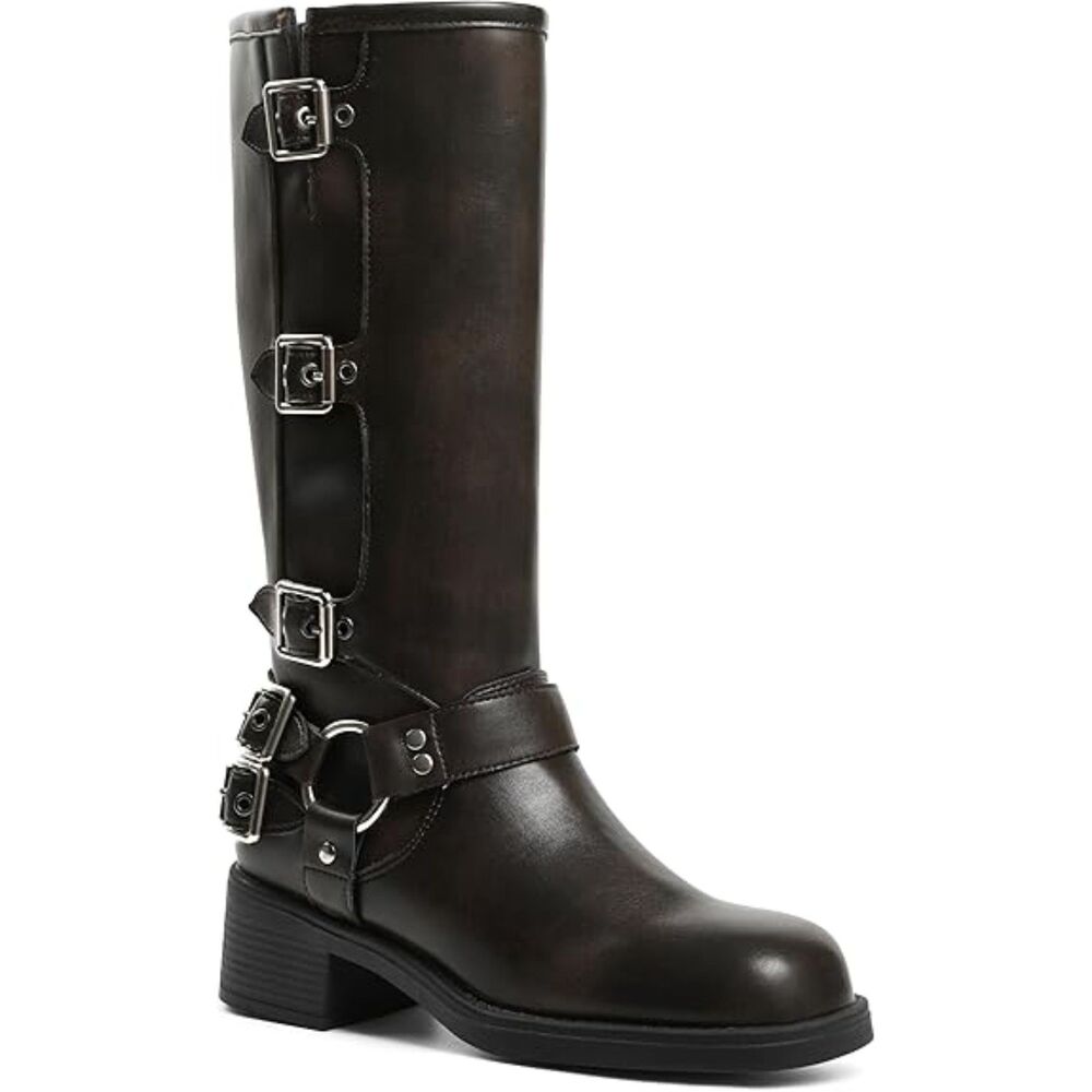 Women's Brown Square Toe Wide Calf Pull On Buckles Chunky Metallic Casual Boots
